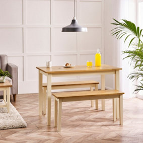 Furniturebox UK Salcombe Small Rectangular Wooden Table & 2 Tenby Small Cream Benches With Oak Colour Seats