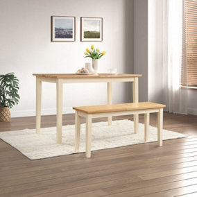 Furniturebox UK Salcombe Small Rectangular Wooden Table & Tenby Small Cream Bench With Oak Colour Seat