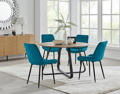 Furniturebox UK Santorini Brown Round Round Dining Table And 4 Blue Pesaro Black Leg Chairs