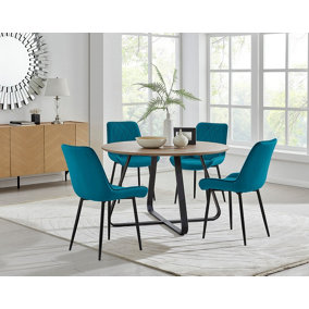 Furniturebox UK Santorini Brown Round Round Dining Table And 4 Blue Pesaro Black Leg Chairs