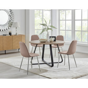 Furniturebox UK Santorini Brown Round Round Dining Table And 4 Cappuccino Corona Silver Leg Chairs