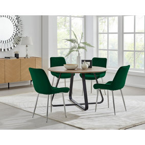 Furniturebox UK Santorini Brown Round Round Dining Table And 4 Green Pesaro Silver Leg Chairs