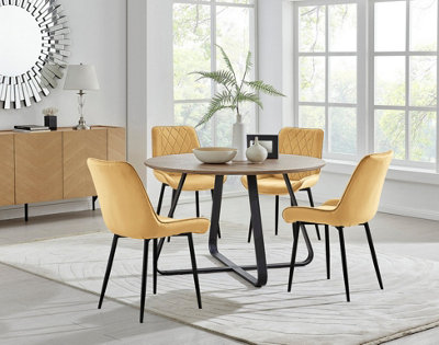 Furniturebox UK Santorini Brown Round Round Dining Table And 4 Mustard Pesaro Black Leg Chairs