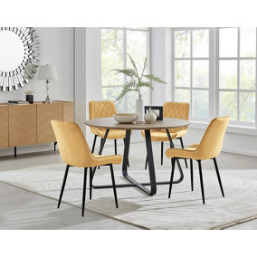 Furniturebox UK Santorini Brown Round Round Dining Table And 4 Mustard Pesaro Black Leg Chairs