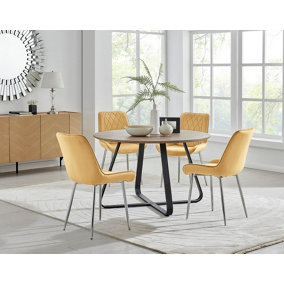 Furniturebox UK Santorini Brown Round Round Dining Table And 4 Mustard Pesaro Silver Leg Chairs