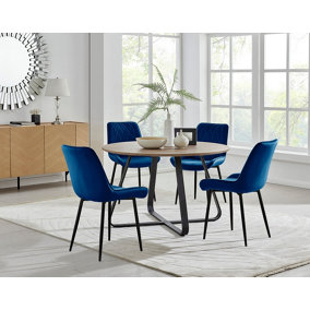Furniturebox UK Santorini Brown Round Round Dining Table And 4 Navy Pesaro Black Leg Chairs