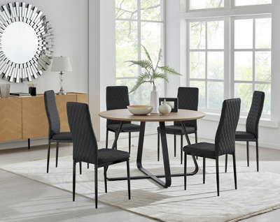 Furniturebox UK Santorini Brown Round Round Dining Table And 4 Black Milan  Black Leg Chairs