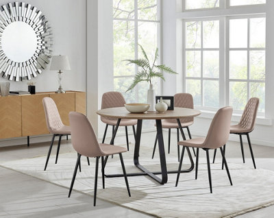 Furniturebox UK Santorini Brown Round Round Dining Table And 6 Cappuccino Corona Black Leg Chairs