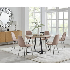 Furniturebox UK Santorini Brown Round Round Dining Table And 6 Cappuccino Corona Silver Leg Chairs