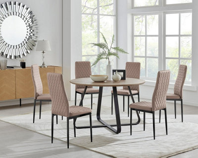 Furniturebox UK Santorini Brown Round Round Dining Table And 6 Cappuccino Milan Black Leg Chairs ...