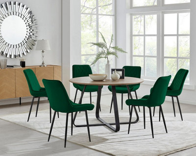 Furniturebox UK Santorini Brown Round Round Dining Table And 6 Green Pesaro Black Leg Chairs