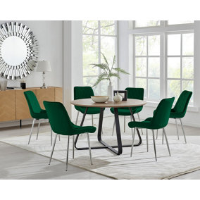 Furniturebox UK Santorini Brown Round Round Dining Table And 6 Green Pesaro Silver Leg Chairs