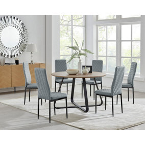 Furniturebox UK Santorini Brown Round Round Dining Table And 6 Grey Milan Black Leg Chairs