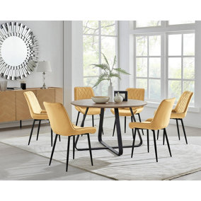 Furniturebox UK Santorini Brown Round Round Dining Table And 6 Mustard Pesaro Black Leg Chairs