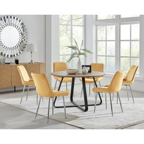 Furniturebox UK Santorini Brown Round Round Dining Table And 6 Mustard Pesaro Silver Leg Chairs