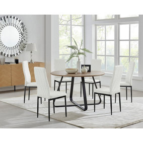 Furniturebox UK Santorini Brown Round Round Dining Table And 6 White Milan Black Leg Chairs