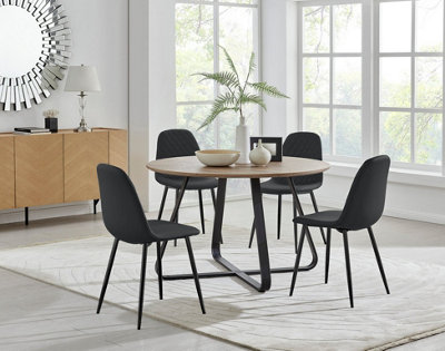 Furniturebox UK Santorini Brown Round Table  & 4 Black Corona Black Leg Chairs
