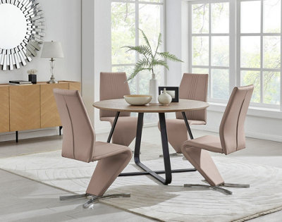 Furniturebox UK Santorini Brown Wood Contemporary Round Round Dining Table And 4 Cappuccino Beige Willow Chairs Set