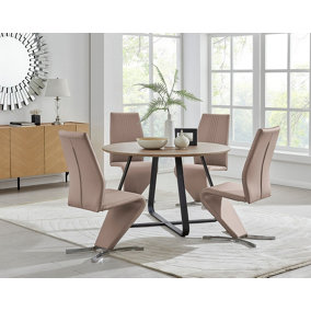 Furniturebox UK Santorini Brown Wood Contemporary Round Round Dining Table And 4 Cappuccino Beige Willow Chairs Set