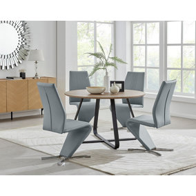 Furniturebox UK Santorini Brown Wood Contemporary Round Round Dining Table And 4 Elephant Grey Willow Chairs Set