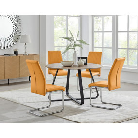 Furniturebox UK Santorini Brown Wood Contemporary Round Round Dining Table And 4 Mustard Lorenzo Chairs Set