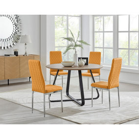 Furniturebox UK Santorini Brown Wood Contemporary Round Round Dining Table And 4 Mustard Milan Chairs Set