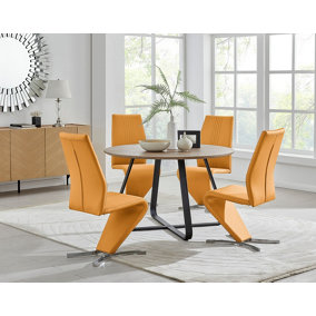 Furniturebox UK Santorini Brown Wood Contemporary Round Round Dining Table And 4 Mustard Willow Chairs Set