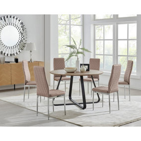 Furniturebox UK Santorini Brown Wood Effect Round Dining Table & 6 Cappuccino Milan Chrome Leg Chairs