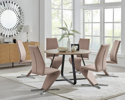 Furniturebox UK Santorini Brown Wood Effect Round Dining Table & 6 Cappuccino Willow Chairs