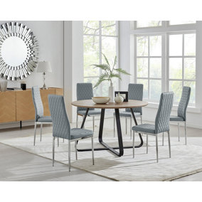 Furniturebox UK Santorini Brown Wood Effect Round Dining Table & 6 Grey Milan Chrome Leg Chairs