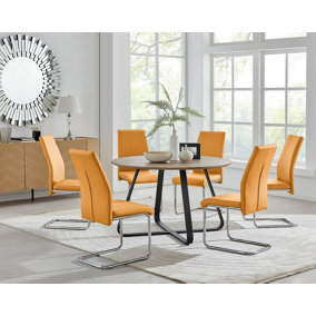 Furniturebox UK Santorini Brown Wood Effect Round Dining Table & 6 Mustard Lorenzo Chairs