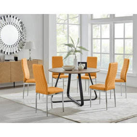 Furniturebox UK Santorini Brown Wood Effect Round Dining Table & 6 Mustard Milan Chrome Leg Chairs