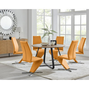 Furniturebox UK Santorini Brown Wood Effect Round Dining Table & 6 Mustard Willow Chairs