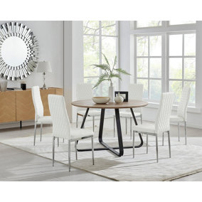 Furniturebox UK Santorini Brown Wood Effect Round Dining Table & 6 White Milan Chrome Leg Chairs