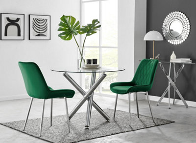 Furniturebox UK Selina Round Dining Table and 2 Green Pesaro Silver Leg Chairs