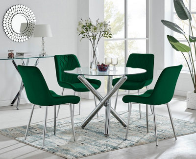 Furniturebox UK Selina Round Dining Table and 4 Green Pesaro Silver Leg Chairs