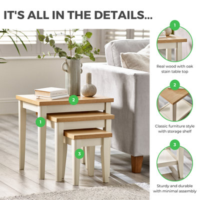 Furniturebox UK Set of 3 Wooden Nesting Tables - Eden Wood Nested Tables - Pale Oak Veneer Top - Solid Rubberwood Cream Frame