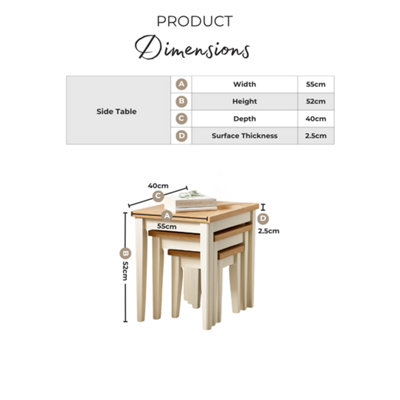 Furniturebox UK Set of 3 Wooden Nesting Tables - Eden Wood Nested Tables - Pale Oak Veneer Top - Solid Rubberwood Cream Frame