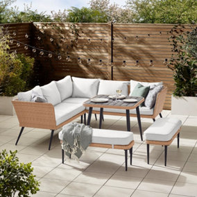 Furniturebox UK Seychelles Beige 9 Seat PE Rattan & Wood Effect Outdoor Garden Sofa Set, Greige Cushions, Boho Garden Furniture