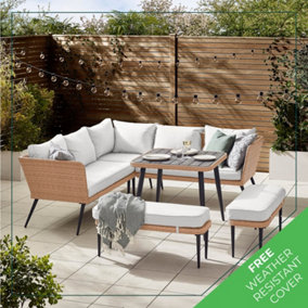 Furniturebox UK Seychelles Beige 9 Seat PE Rattan & Wood Effect Outdoor Garden Sofa Set, Greige Cushions, Boho Garden Furniture