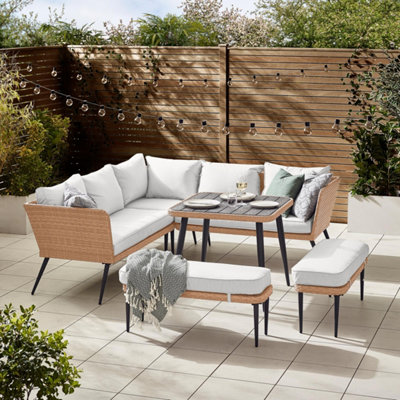 Furniturebox UK Seychelles Beige 9 Seat PE Rattan & Wood Effect Outdoor ...