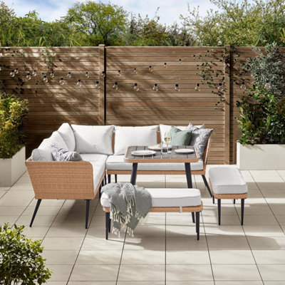 Furniturebox UK Seychelles Beige 9 Seat PE Rattan & Wood Effect Outdoor ...