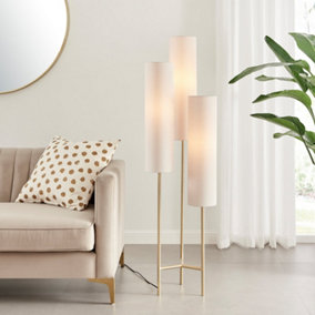 Furniturebox UK Suri Triple Floor Lamp With 3 white Shades & a Brushed Brass Base