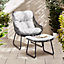 Furniturebox UK Tahiti Grey PE Rattan Large Outdoor Garden Chair + Footrest with Griege cushions, Wicker Style Chair, Black Legs