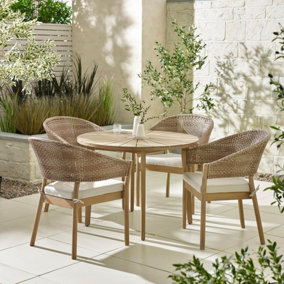 Furniturebox UK Tari Solid Wood Round Outdoor Dining Table & 4 Asa Wood & Wicker Chairs - 4 Seat Patio Set