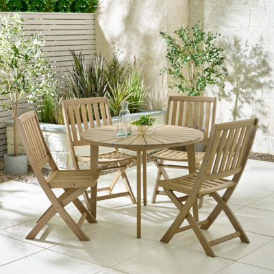 Furniturebox UK Tari Solid Wood Round Outdoor Dining Table & 4 Hamburg Folding Chairs - 4 Seat Patio Set