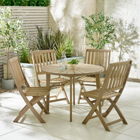 Furniturebox UK Tari Solid Wood Round Outdoor Dining Table & 4 Hamburg Folding Chairs - 4 Seat Patio Set
