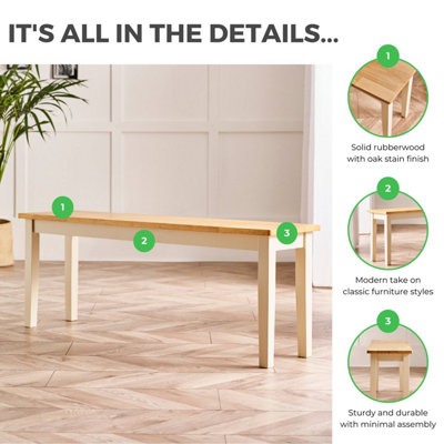 Furniturebox UK Tenby Large Solid Wood Cream Painted Dining Bench With Oak Coloured Seat