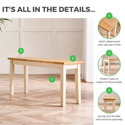 Furniturebox UK Tenby Small Solid Wood Cream Painted Dining Bench With Oak Coloured Seat