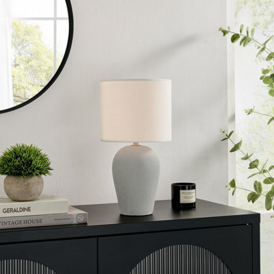 Furniturebox UK Thea Grey Concrete Effect and White Fabric Desk Table Lamp